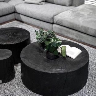 侘寂风碳化黑原木茶几北欧圆形复古木头桩民宿酒店家具茶桌实木墩