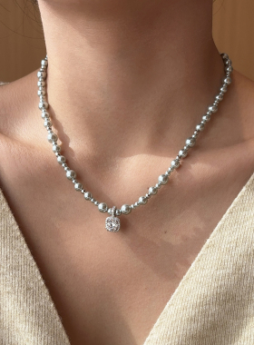 施家灰色方糖珍珠项链女