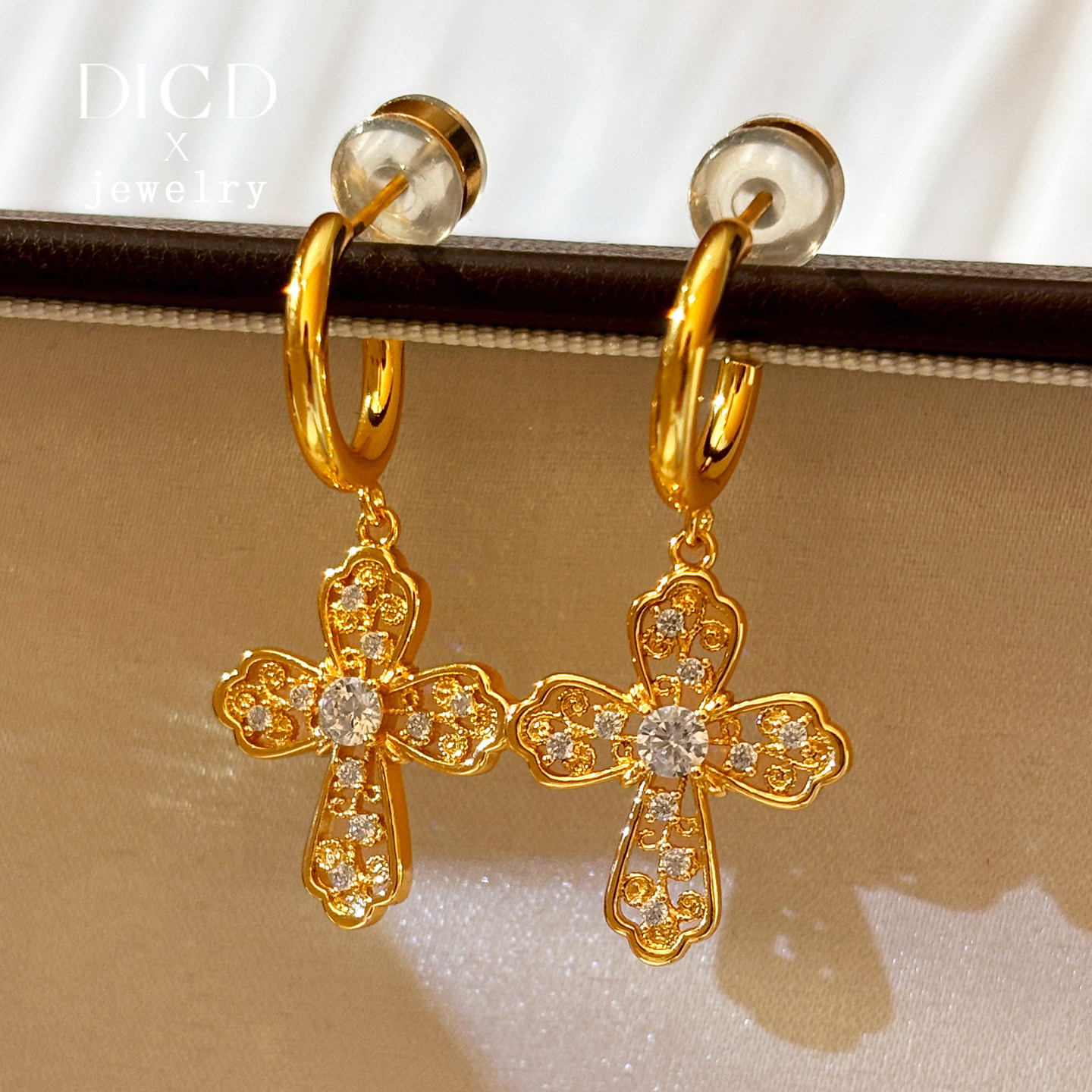 金色纯银镶钻石十字架耳环耳坠女2025新款高级感轻奢秋冬耳钉耳饰