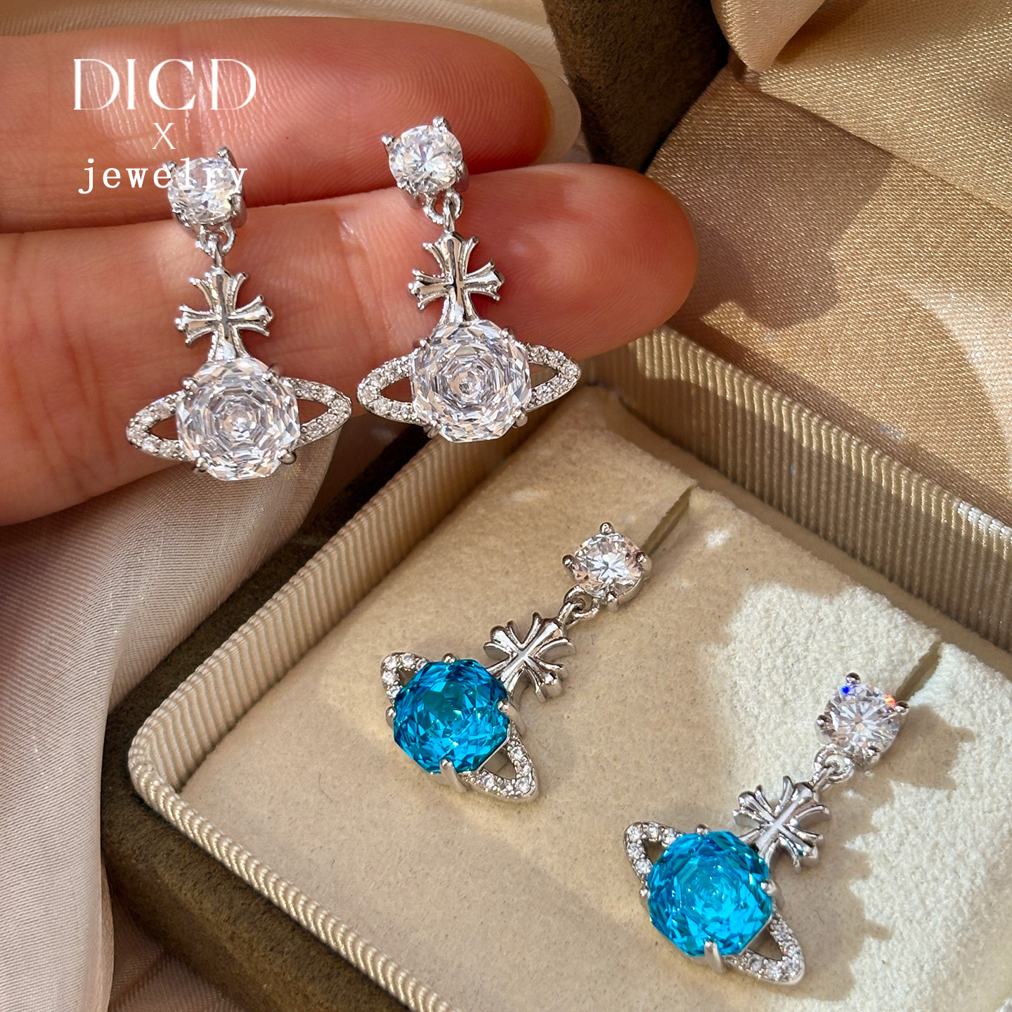 999纯银爆闪玫瑰切蓝色钻石土星耳钉耳坠女2025新款秋冬耳环耳饰