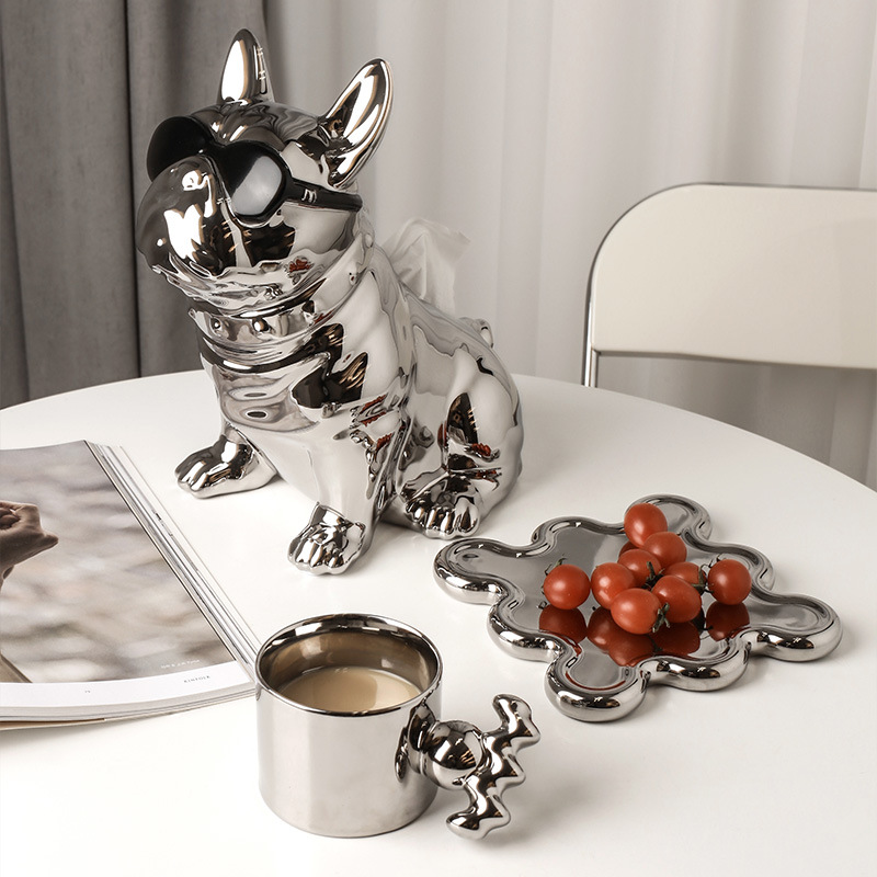 北欧电镀银色花瓶陶瓷创意酒柜艺术样板间轻奢风软装饰品摆件