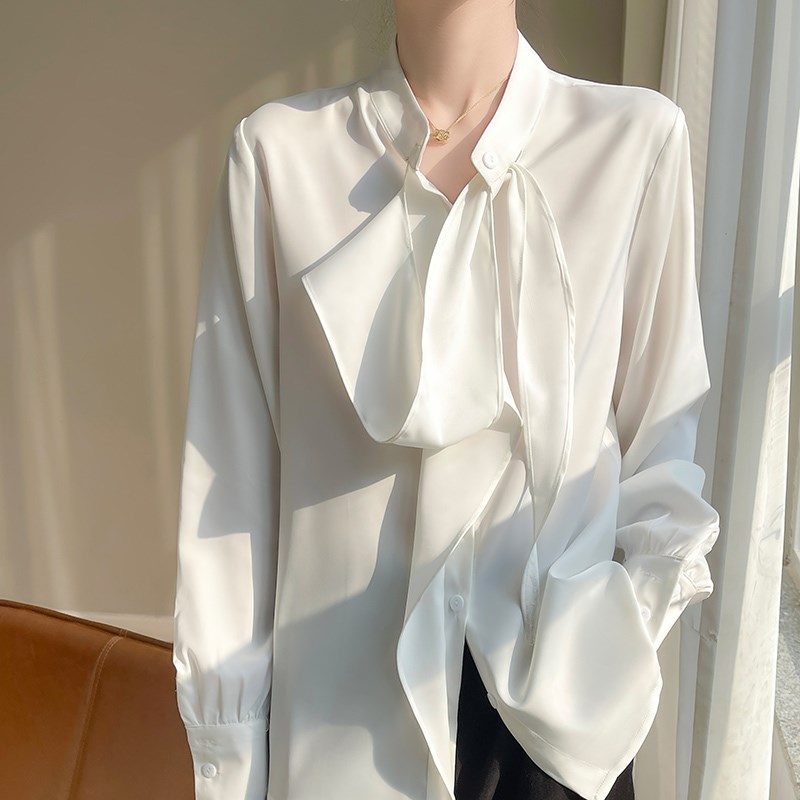 春新款22姆米弹力重乔夏重磅桑蚕丝真丝衬衫小众飘带设计长袖上衣