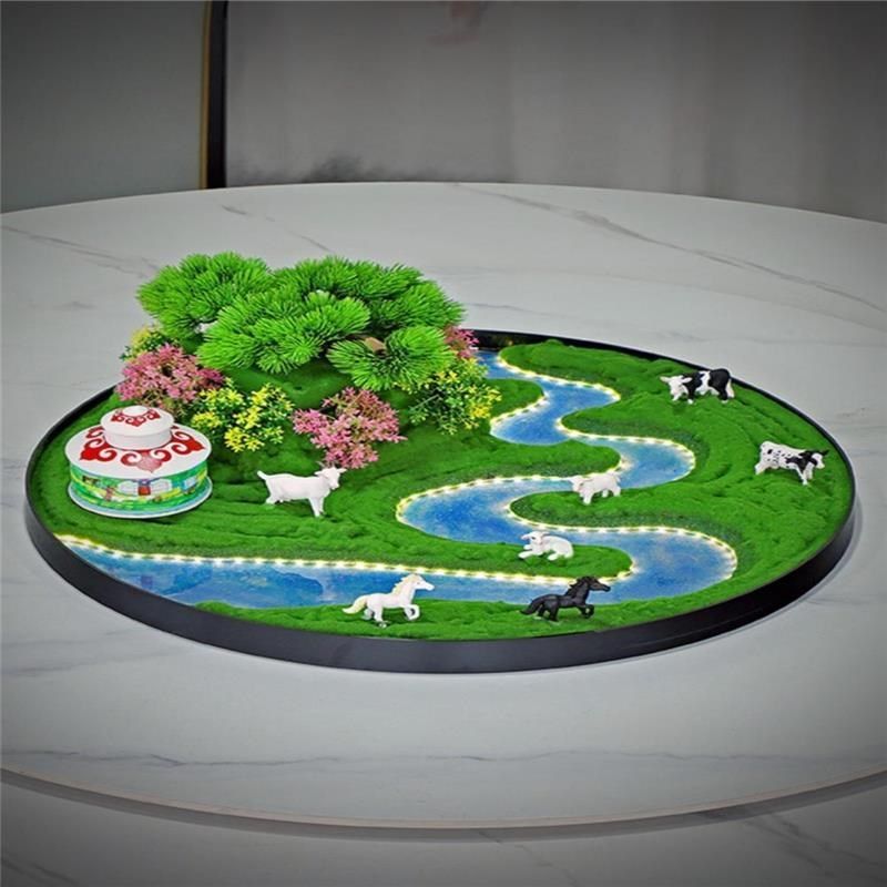 酒店餐桌摆花新中式蒙古元素微景观桌芯装饰品大圆桌中间转盘摆件
