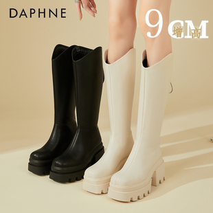 达芙妮9cm厚底增高白色长筒靴女粗腿胖大筒围小个子显瘦V口骑士靴