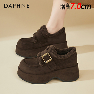 达芙妮加绒保暖厚底棉鞋毛毛扣带雪地靴女冬季乐福鞋小个子勃肯鞋