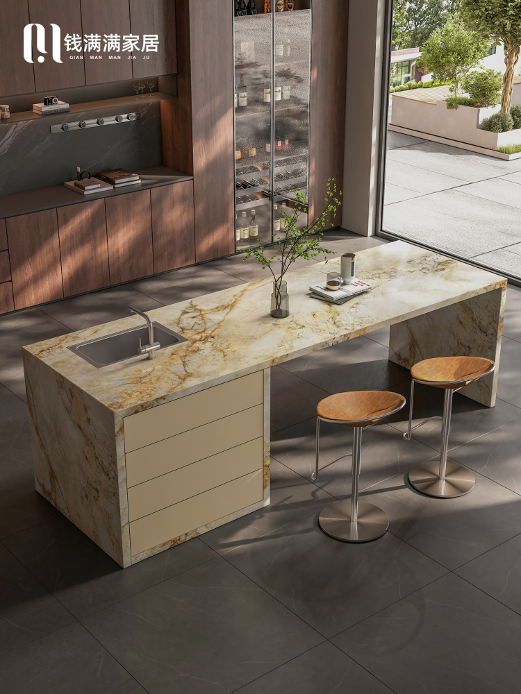 意式轻奢岛台餐桌吧台餐桌岛台一体式家用定制多功能岩板厨房岛台
