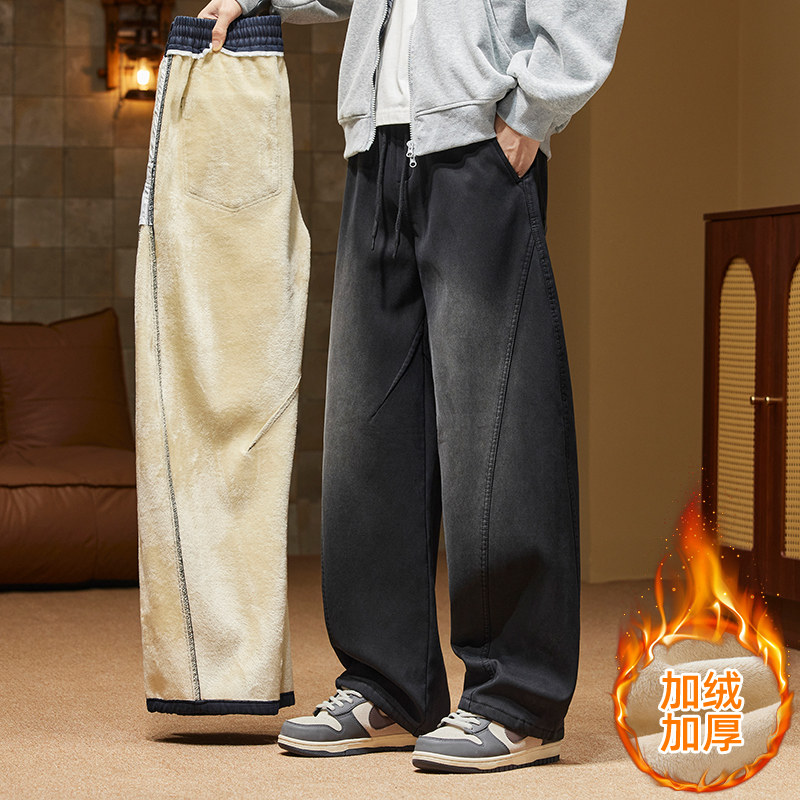 加绒加厚保暖冬装新款美式休闲裤男潮流拼接弯刀裤宽松阔腿长裤,男装,短裤,淘宝优惠券,粉丝福利购,淘宝优惠卷