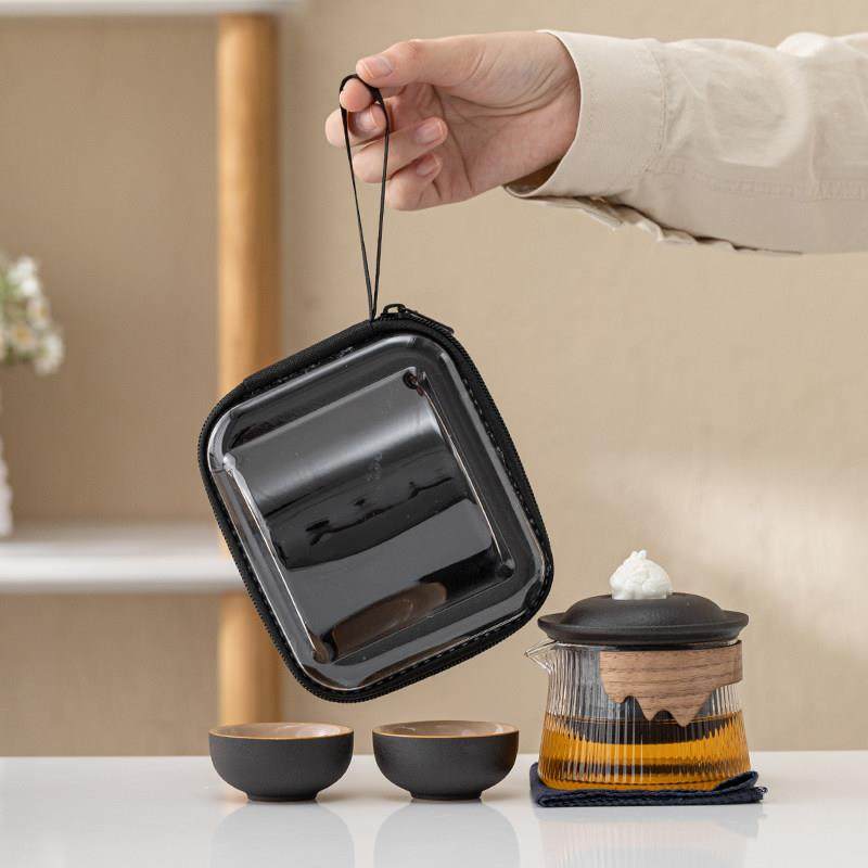 玻璃旅行茶具一壶二杯随身包套装露营便携式泡茶杯户外快客杯定制