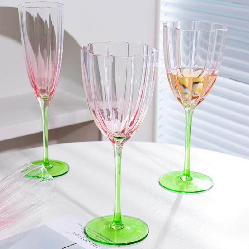 复古香槟杯渐变花朵杯水晶玻璃红酒杯高脚杯花瓣气泡酒杯花边杯子