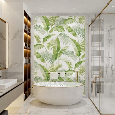 法式花砖卫生间瓷砖复古浴室厕所洗手间绿色N植物墙砖芭蕉叶柔光