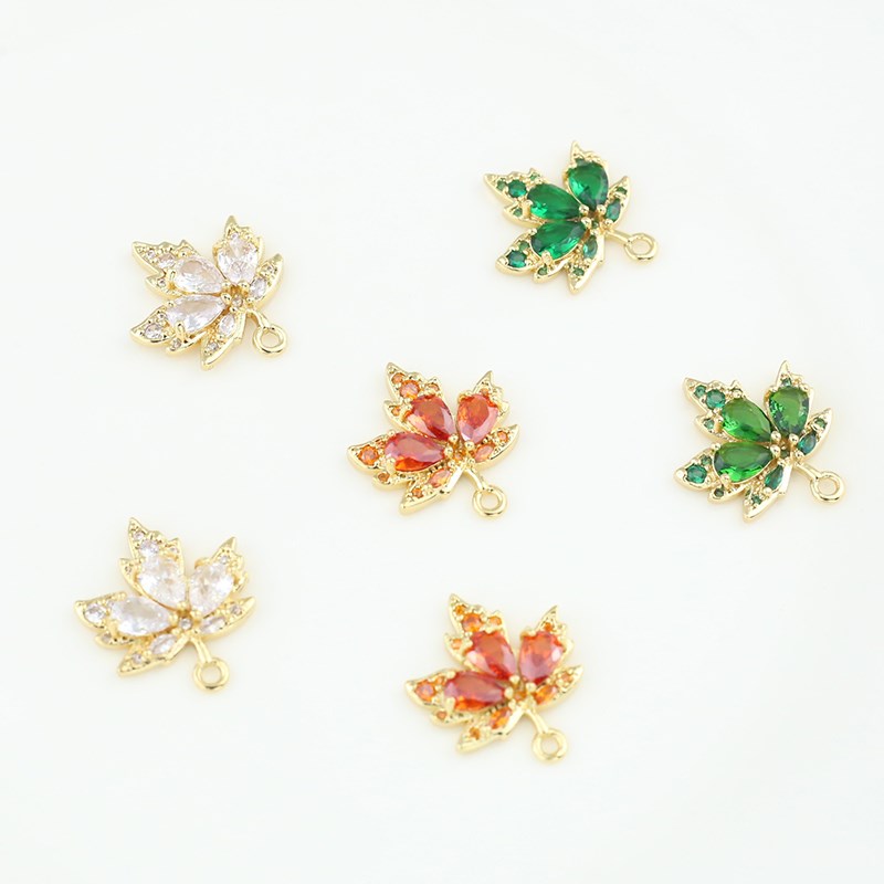 18k保色纯g铜枫叶锆石白绿红树叶吊坠DIY手工饰品手链项链耳饰配