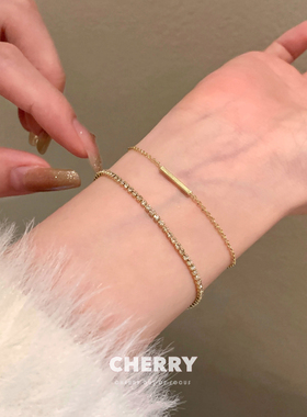 超闪金色锆石手链女生2024年新款简约百搭手饰时尚U气质素链配饰