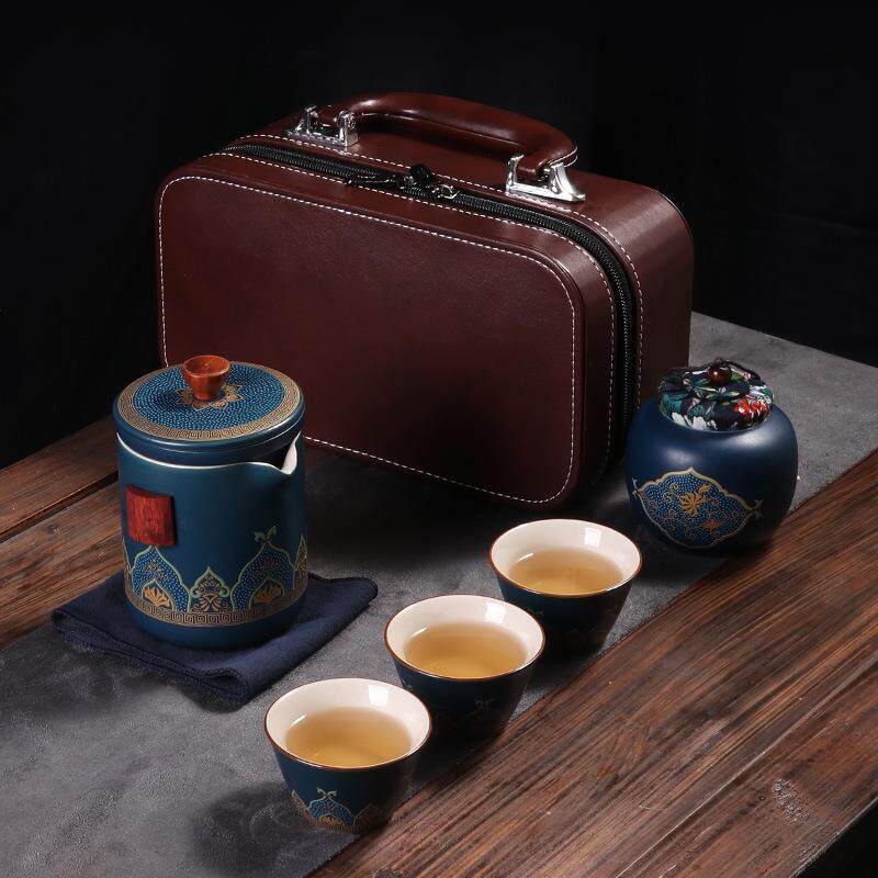 旅行茶具套装便携式一壶三杯户外车载陶瓷泡茶壶商务礼品LOGO茶叶