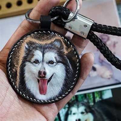 皮雕小匠阿狼纯手工雕刻皮雕宠物钥匙扣钥匙牌礼物挂饰 挂牌