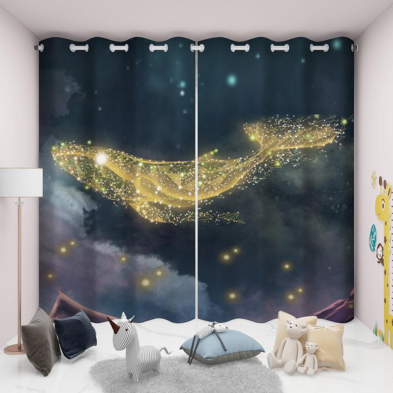 梦幻鲸鱼定制窗帘男生女孩儿童房卧室遮光网红ins风免打孔短帘子