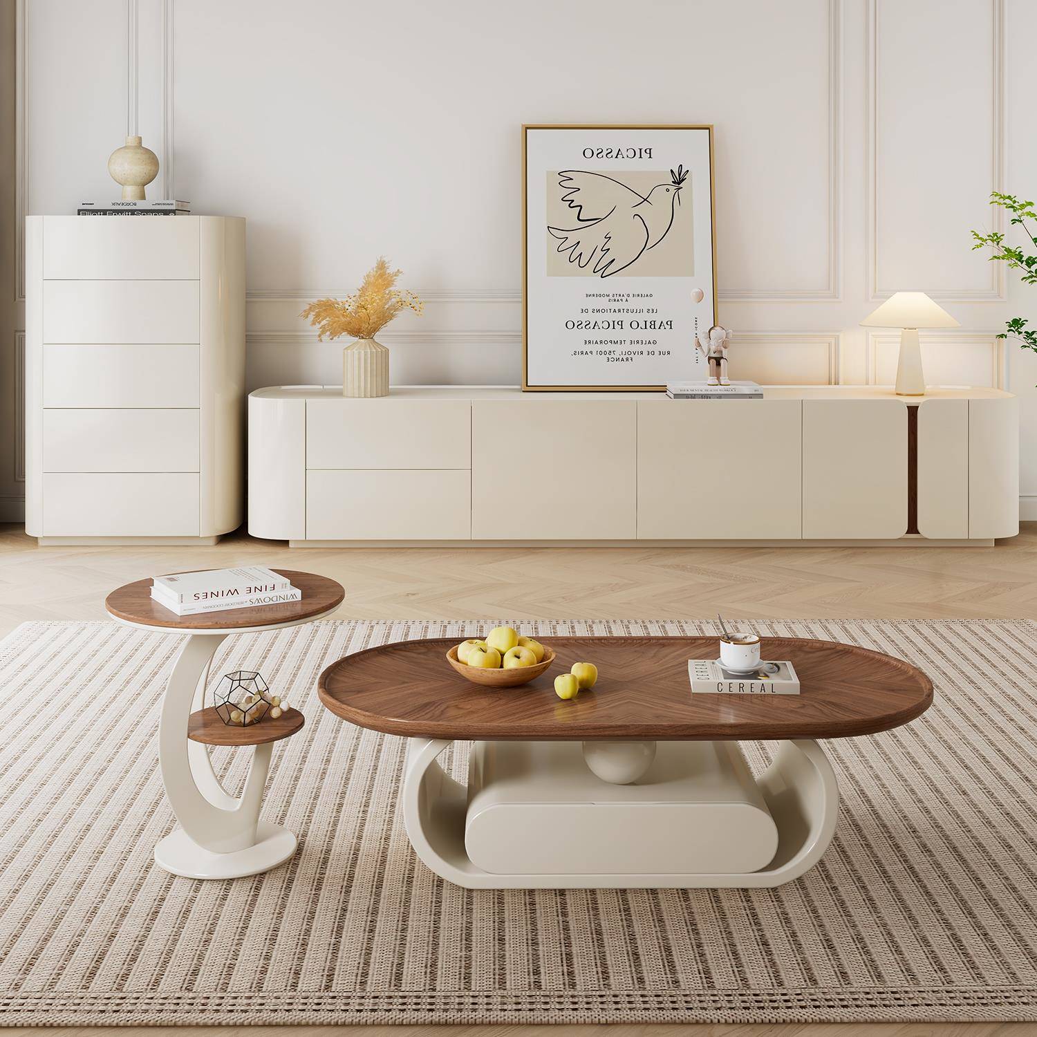 纯实木落地电视柜茶几组合现代简约小户型客厅奶油风电视柜岩板