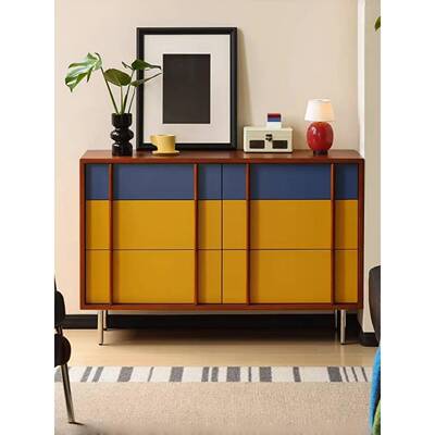 千传中古风拼色餐边柜六斗柜撞色抽屉柜客厅收纳储物柜卧室床尾柜