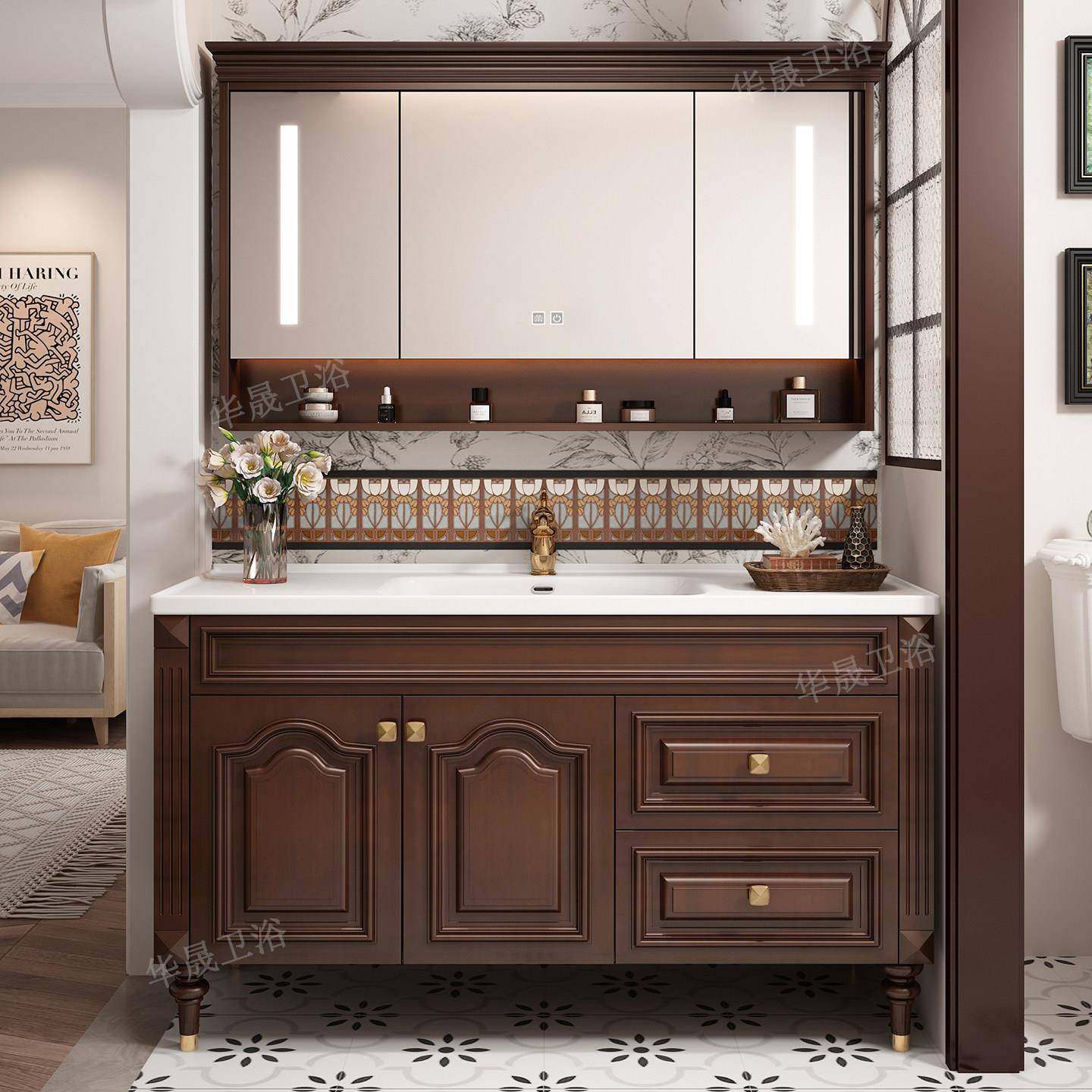 美式实木浴室柜组合欧式落地式陶瓷一体盆洗脸洗手盆洗漱台卫浴柜