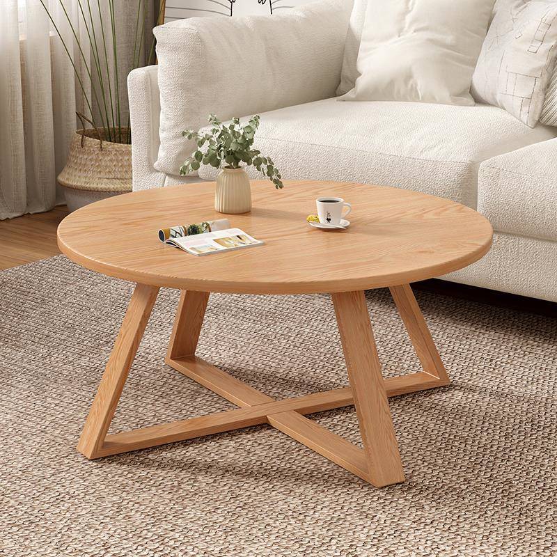 全实木圆形岩板茶几简约客厅家用小户型原木风茶桌日式矮桌圆桌