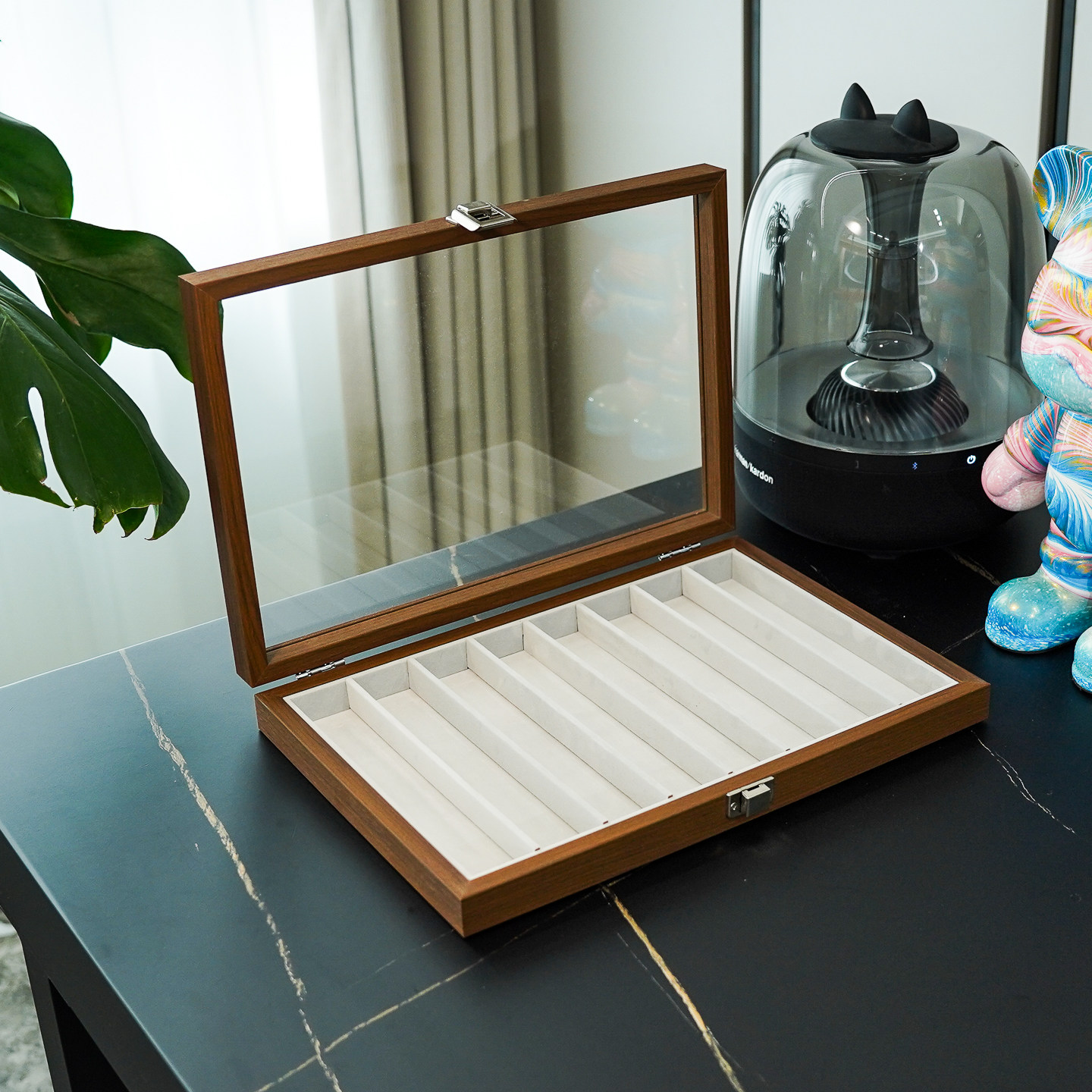 8位黑胡桃木纹珍珠项链收纳盒锁骨链饰品盒 透明天窗防氧化首饰箱,收纳整理,首饰盒,淘宝优惠券,粉丝福利购,淘宝优惠卷