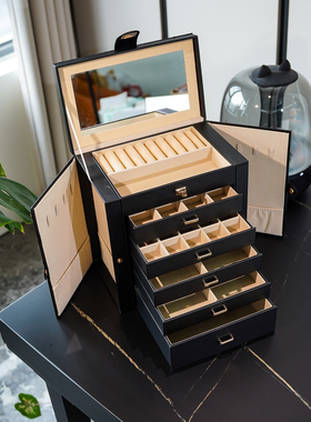 6层皮革多层首饰盒 黑色便携珠宝首饰戒指耳环项链收纳箱高级轻奢