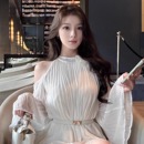 Layyyy 白月光露肩挂脖雪纺连衣裙压褶镶钻收腰女神裙 新晋女神