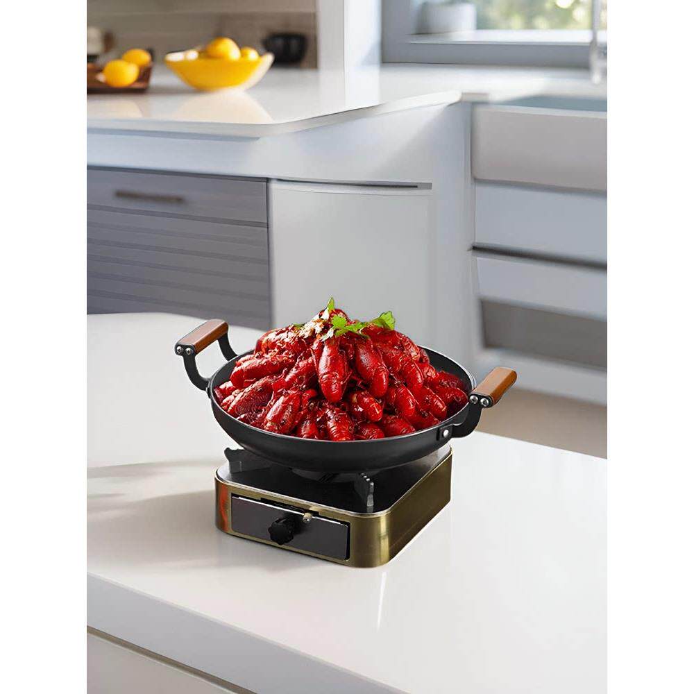 新品亿厨乐韩式商用木柄双耳铝不粘焖锅覆平底煎锅燃气电磁炉干锅