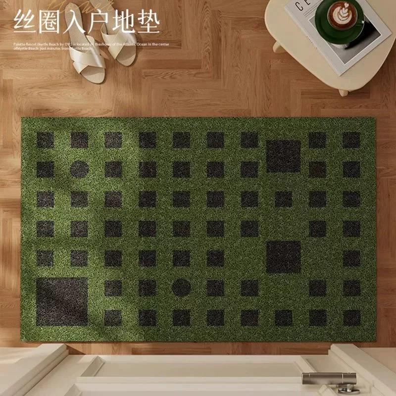 新款复古格子丝圈入户门垫清新绿色玄关除尘脚垫可裁剪大门口地垫