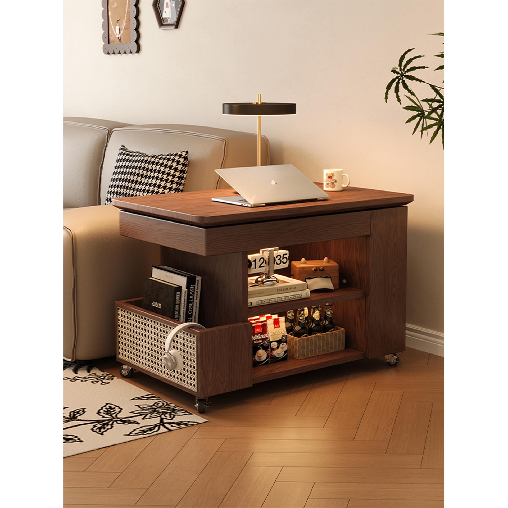 实木移动边几艺术风升降旋转客厅茶几桌沙发边几柜小推车储物边柜