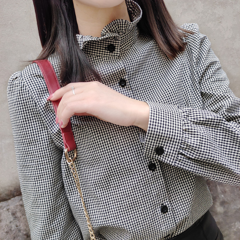 黑白格子衬衫女士长袖立领木耳花边上衣纽扣常规春秋装打底百搭