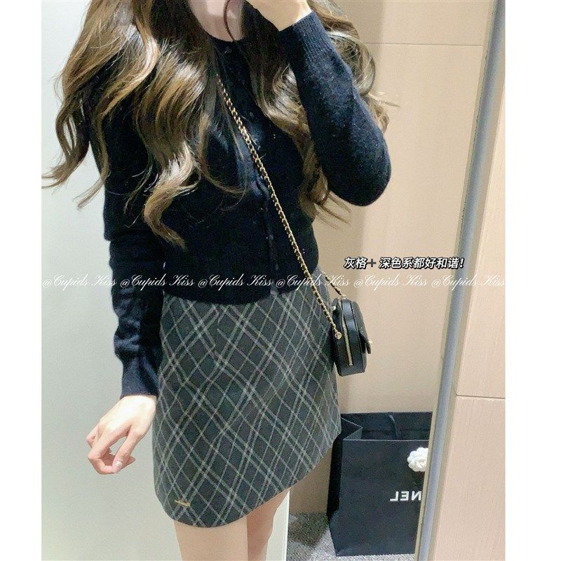 csk丘比特  复古格纹组 灰紫两色女秋季高腰毛呢短裙半身裙