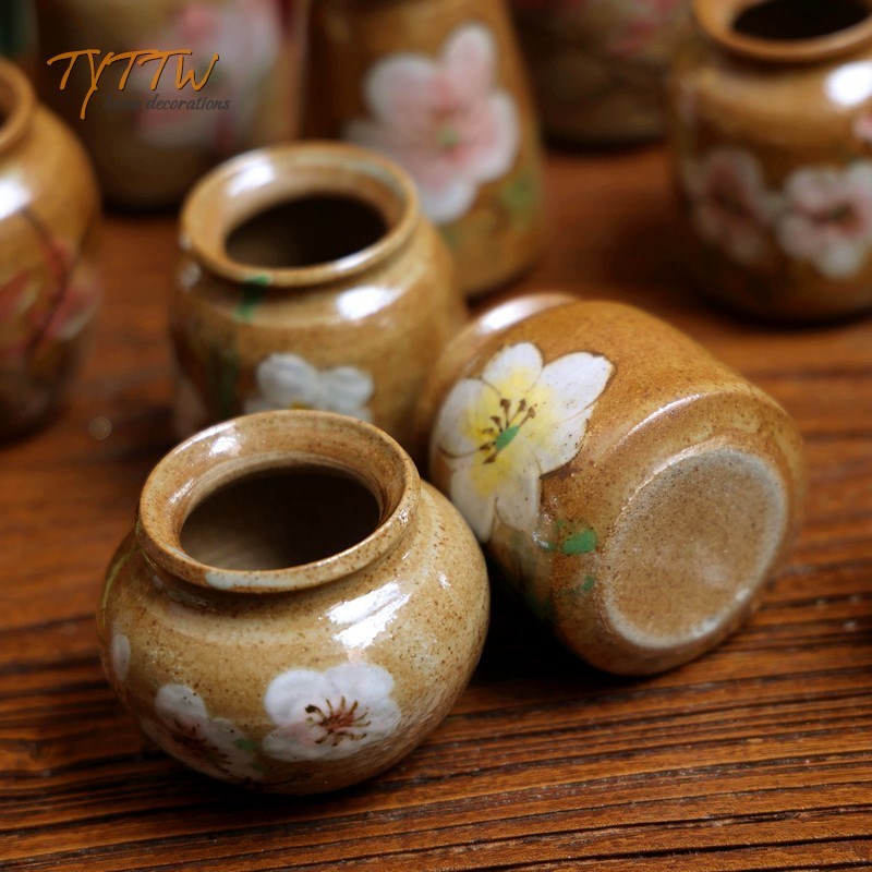 中式复古粗陶手工彩绘梅花小花瓶花器小花插茶几桌面禅意装饰摆件
