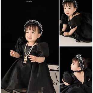 女童黑色礼服裙影楼儿童摄影服装女宝周岁生日拍照宴会服装道具