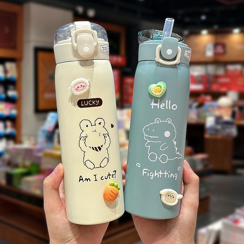 创意卡通保温杯防摔高颜值儿童吸管喝水杯304不锈钢学生便携水壶