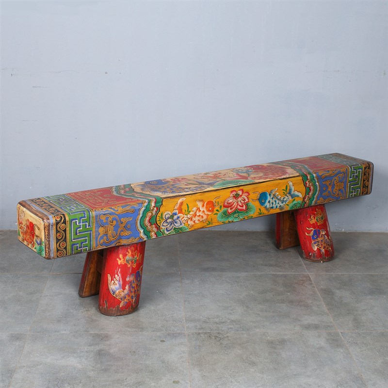 新中式复古手绘家具换鞋凳床尾凳玄关条凳做旧实木仿古个性穿鞋凳