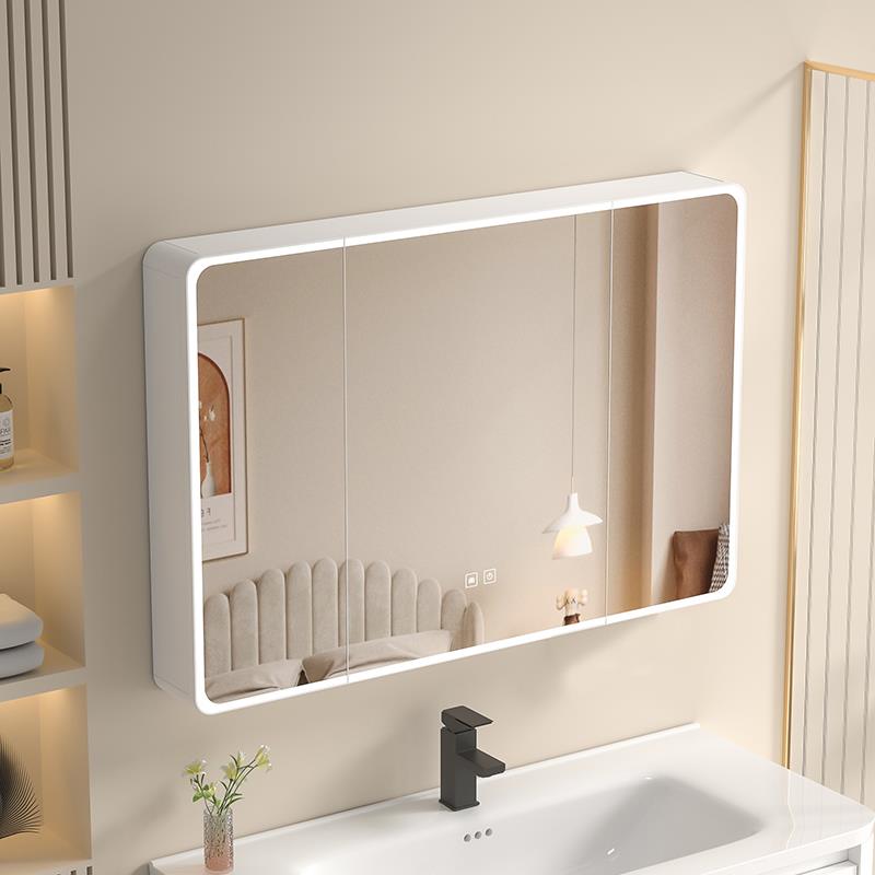 浴室镜柜智能灯光圆弧形储物柜太空铝卫生间挂墙式带美妆镜碳钎维