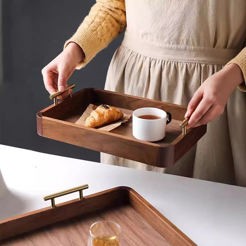 实木托盘黑胡桃木茶盘家用客厅木质餐盘零食干果水杯收纳盘长方形