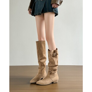 自留款~慵懒感长筒靴女秋冬季复古堆堆靴法式尖头显瘦高筒靴长靴
