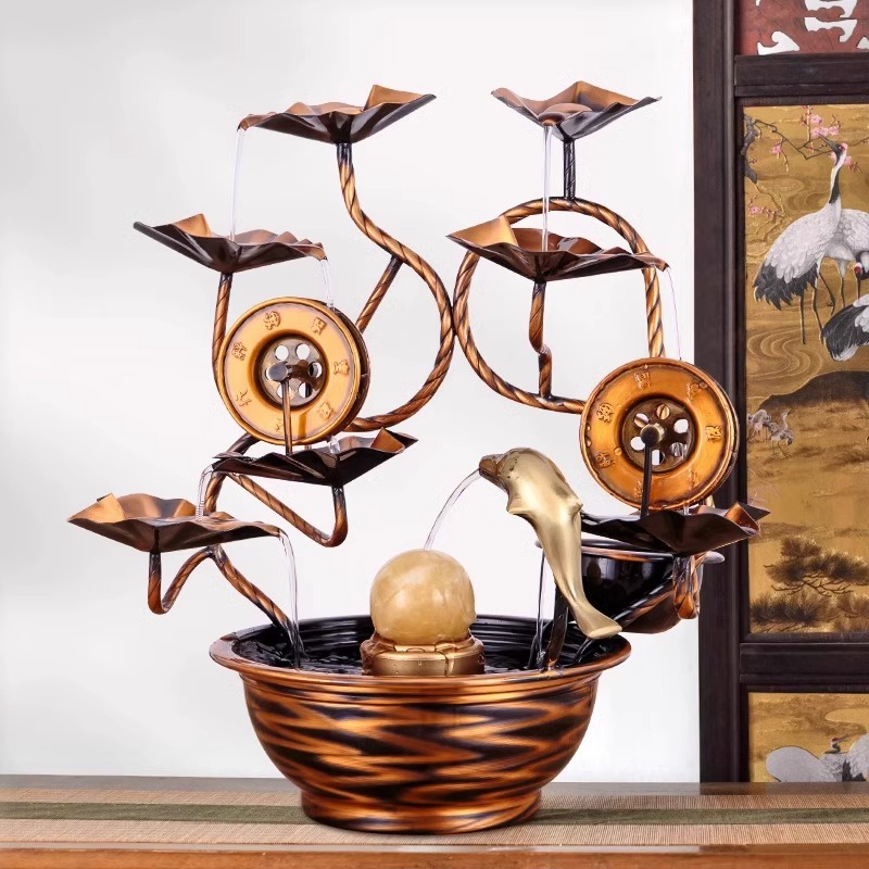 新中式纯铜流水生财循环水景鱼缸摆件招财客厅电视柜家居装饰景观