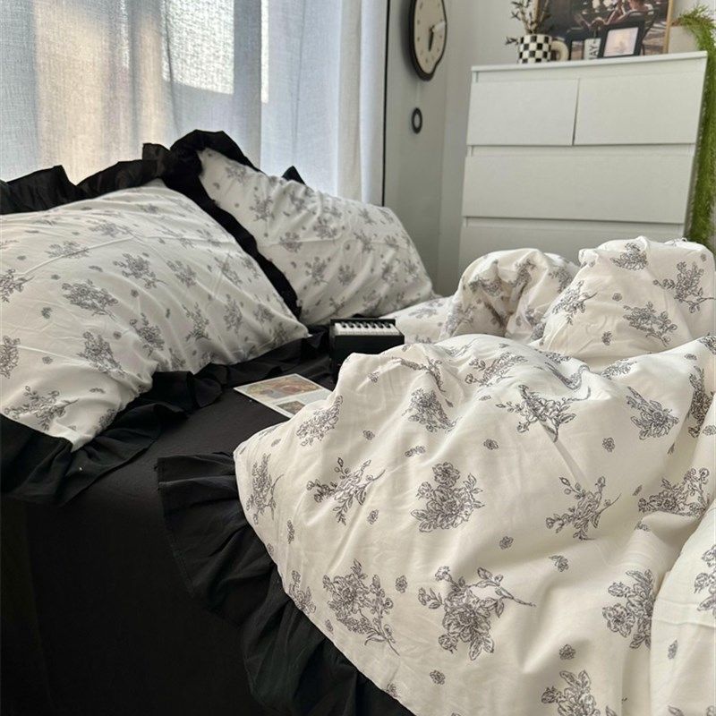 法式insc赫本风黑色花边素描水洗棉四件套床单学生被套三件套床笠