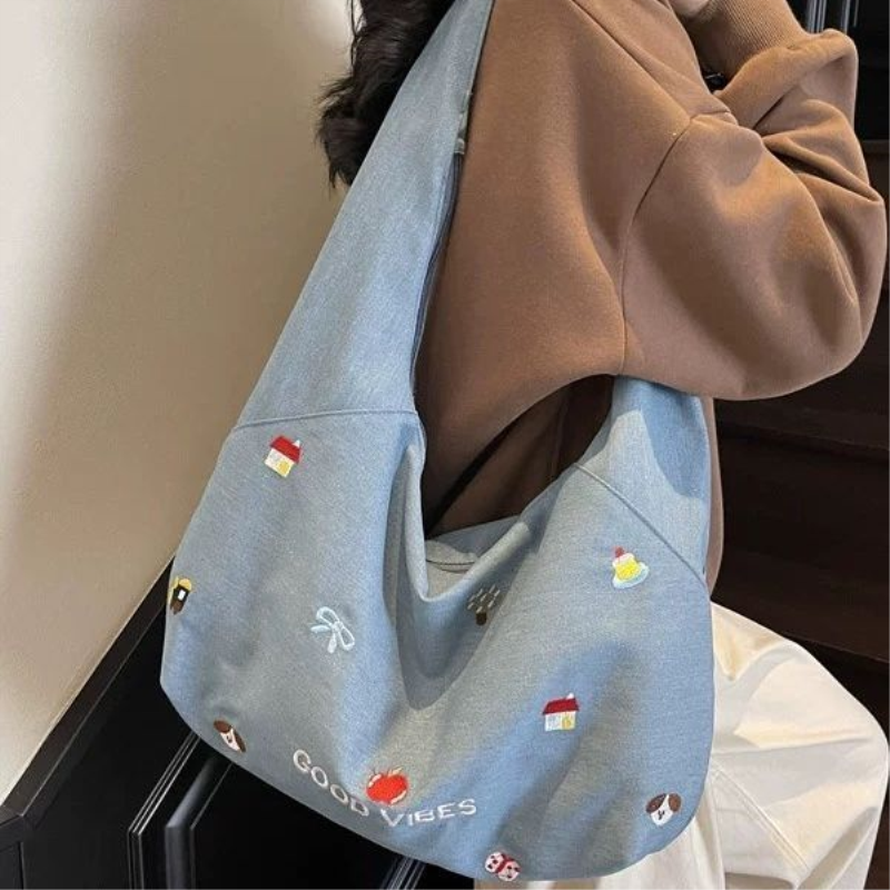 大容量上课帆布包女夏文艺通勤拉链包斜挎包百搭刺绣牛仔布托特包