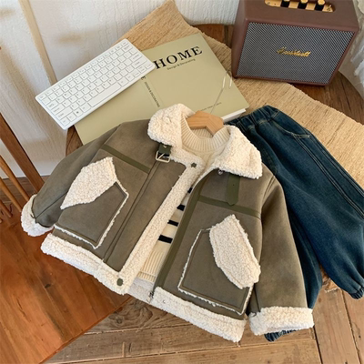 男童加绒外套皮毛一体冬季儿童羊羔绒上衣男孩加厚小童秋冬机车服