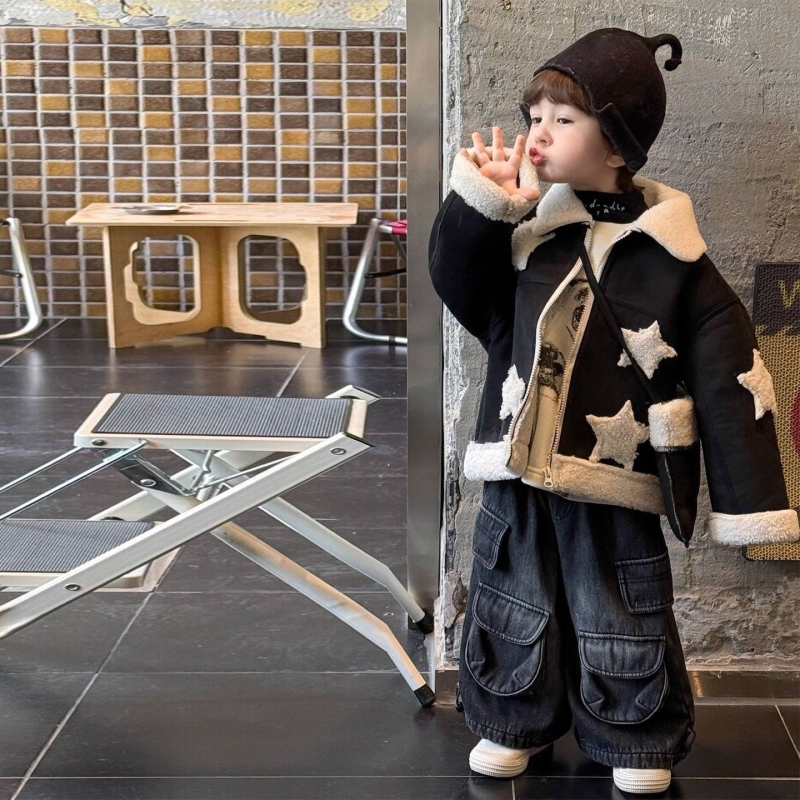 男童加绒秋冬外套中小童新款韩版宝宝皮毛一体加厚翻领洋气机车服