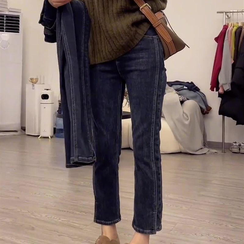 胖mm黑色开叉牛仔裤女小个子大尺码高腰显瘦直筒梨型身材八分烟管