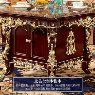 大理石方桌美式 欧式 别墅餐厅实木雕花家用长方形带抽屉储物餐桌椅