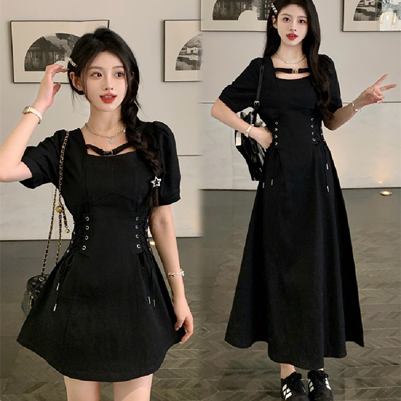 大码胖mm甜辣设计感方领系带收腰黑色牛仔连衣裙女夏显瘦中长裙子