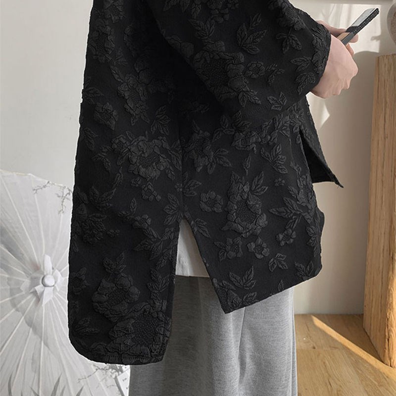 300斤大码男装侧边开叉无领衬衫男夏季肌理感新中式宽松短袖衬衣2