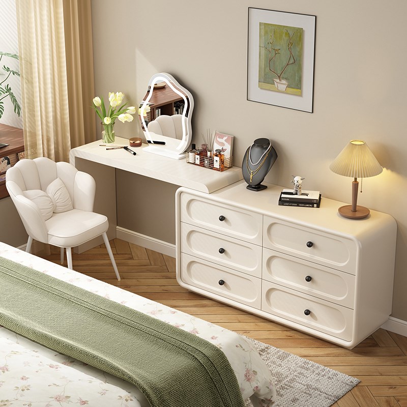 全实木奶油风梳妆台斗柜一体卧室化妆桌床尾斗柜妆台一体伸缩梳妆