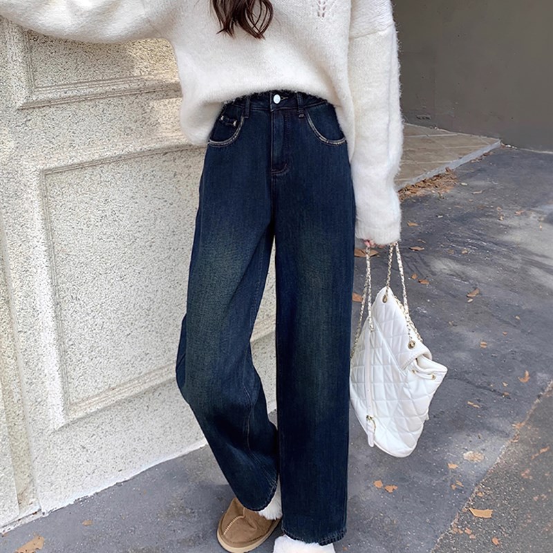 蓝灰色加绒牛仔裤女春季新款胖妹妹mm高腰宽松显瘦直筒阔腿长裤子