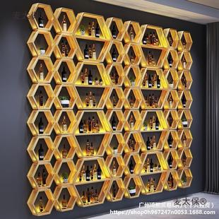 红六边形酒柜葡萄酒架铁艺发光酒庄精油壁挂展示架酒吧餐厅麦太保
